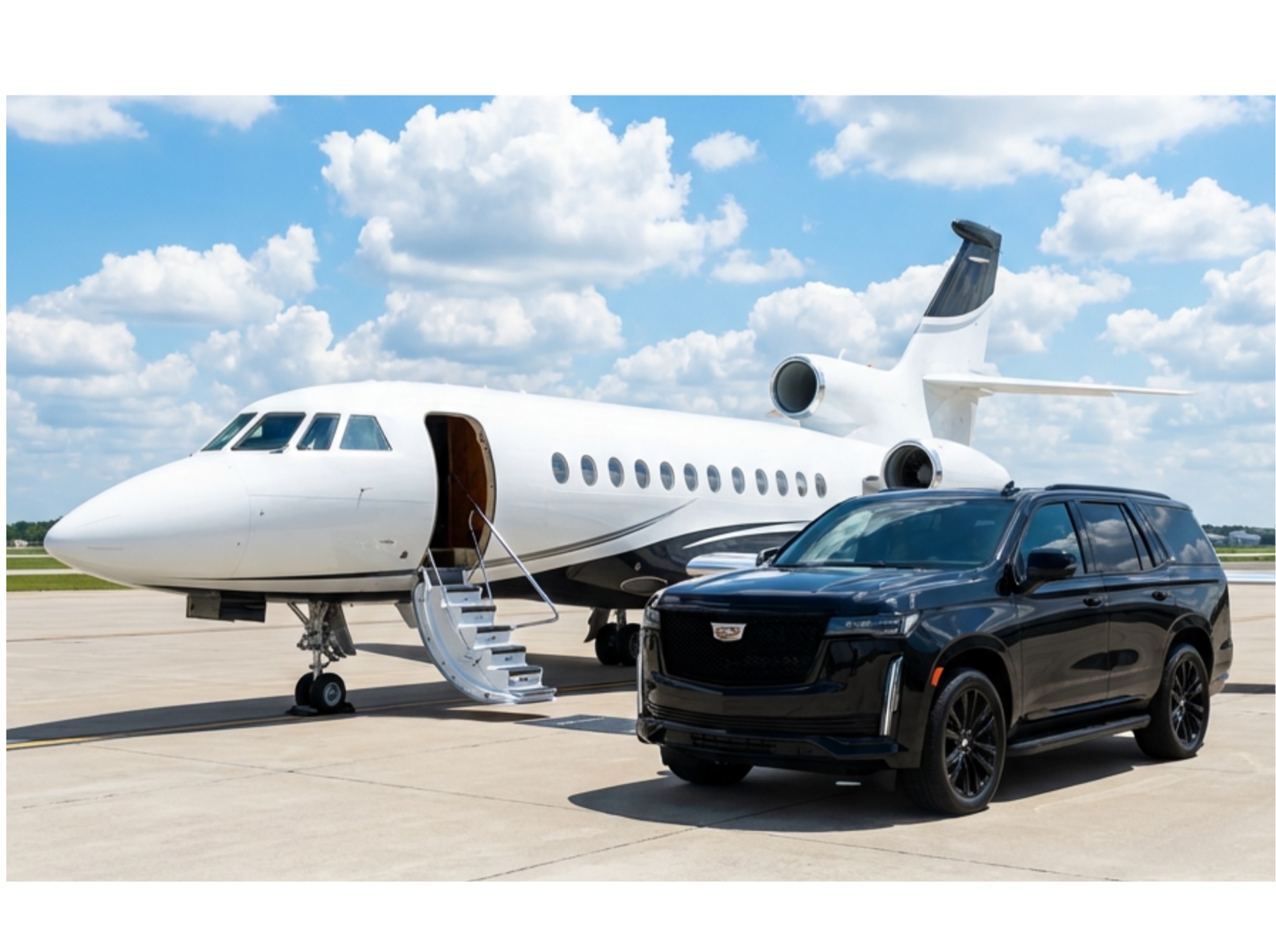 Falcon 900 and Cadillac Escalade on the ramp — seamless door-to-door private travel