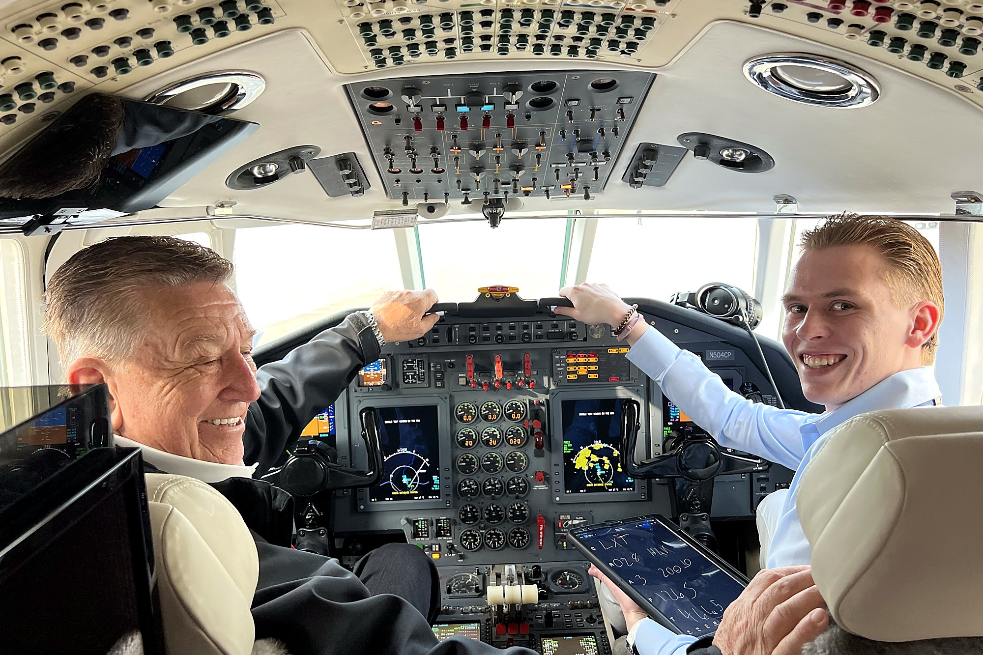 Flight crew on the Falcon flight deck